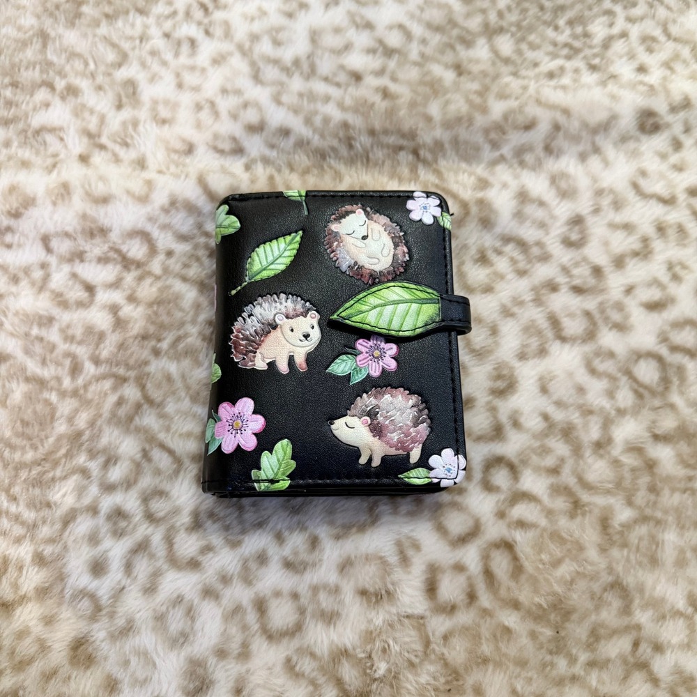 Shagwear Hedgehog Floral Black Leather Small Bifold Wallet Cottagecore Vibe
